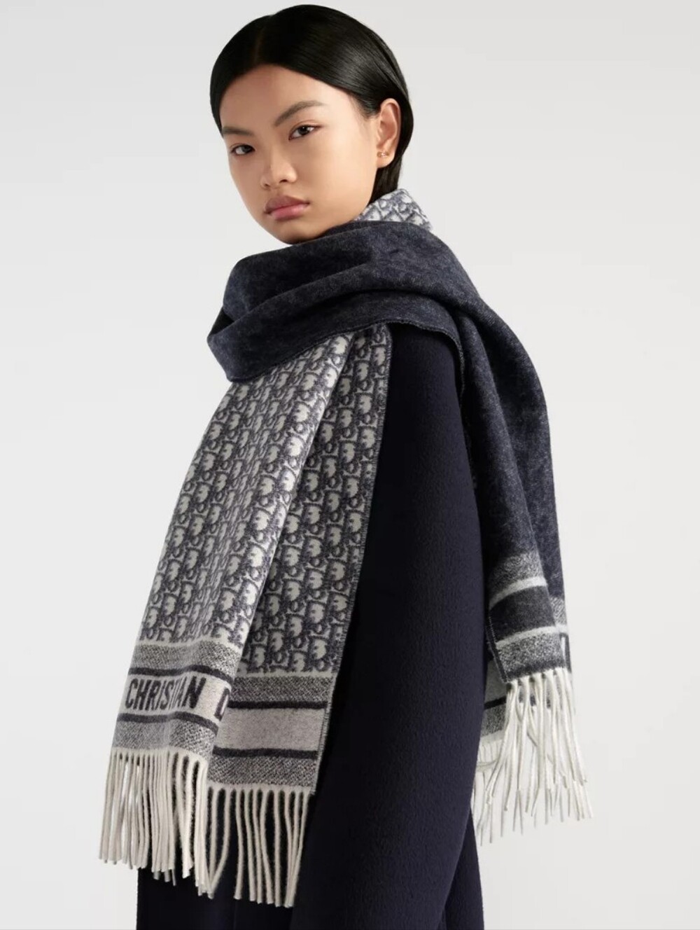 NEW ✨ DIOR ✨🩶 100% Cashmere Reversible Gray Large Fringed Scarf Shawl Wrap 🩶 - Picture 3 of 15